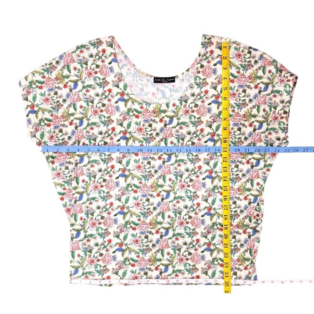 Kim & Cami Floral Print Blouse Women Size Medium Capped Sleeve Top Ribbed Knit - Picture 6 of 6
